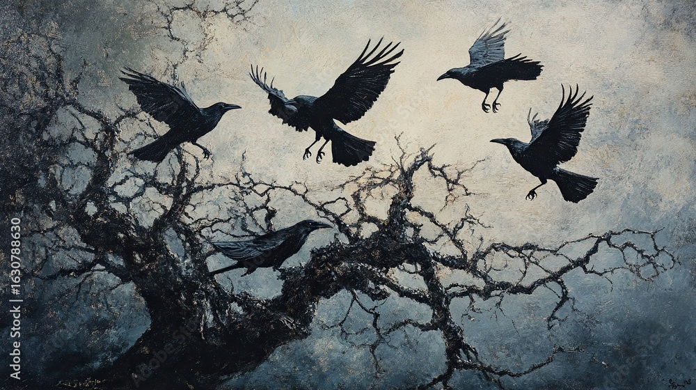 Fototapeta premium A dramatic scene featuring five silhouetted crows in flight against a moody, textured backdrop of dark branches and a stormy sky.