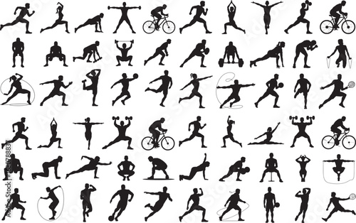 Collection of black vector sport silhouettes of people running, playing tennis, and doing yoga