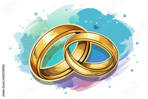 vector of Golden wedding ring placed together. Watercolor style background, symbol of love and union, beautiful and timeless design, ideal for romantic themes