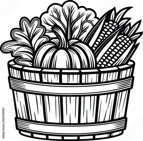 Black and white illustration of a wooden bucket filled with assorted autumn vegetables