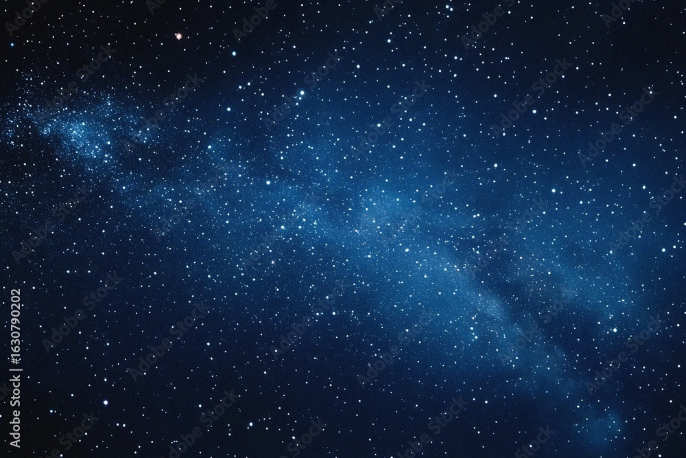 Naklejka premium Starry sky background, blue night sky full of stars, glowing stars in the dark space, starry background, dark night, stars in the distance, starlight, dark background with a blue glow, night sky. 