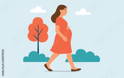 Ilustración vectorial de una mujer embarazada caminando tranquilamente por un parque. La escena transmite bienestar, salud durante el embarazo y conexión con la naturaleza. 