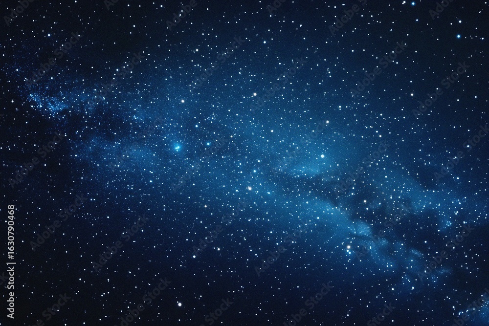 Naklejka premium Starry sky background, blue night sky full of stars, glowing stars in the dark space, starry background, dark night, stars in the distance, starlight, dark background with a blue glow, night sky. 