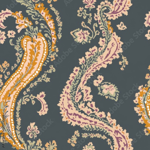 A paisley patterned fabric with a blue background