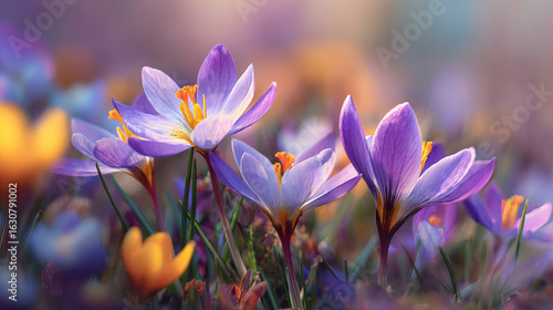 Colorful Blooming Crocus Flowers in a Lush Spring Garden with Soft Morning Light and Vibrant Petals


