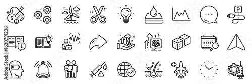 Charging parking, Coronavirus vaccine and Dice line icons pack. Share, Message, Paper plane icons. Survey, Anti-dandruff flakes, Weariness web icon. Gears, Waterproof, Stress grows pictogram. Vector