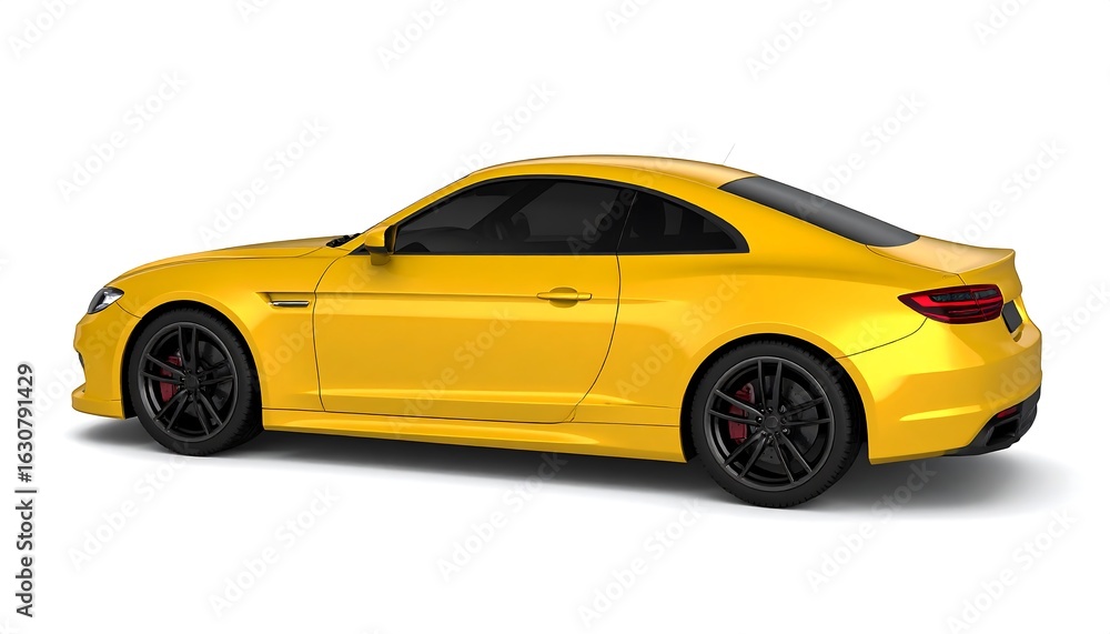 Yellow coupe, rear three-quarter view, glossy finish, black wheels Yellow coupe, rear three-quarter view, glossy finish, black wheels