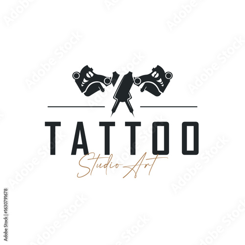 black silhouette illustration logo tattoo machine with vintage old retro minimalist concept template symbol tattoo studio design