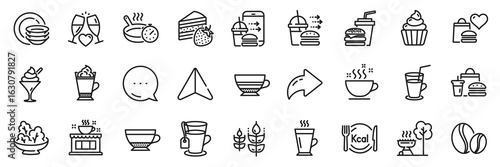 Latte, Coffee shop and Ice cream line icons pack. Share, Message, Paper plane icons. Frying pan, Salad, Food donation web icon. Gluten free, Food order, Dishes pictogram. Vector
