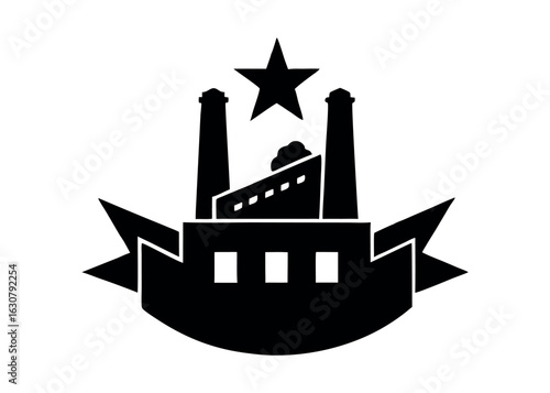 Industrial factory building with star and ribbon emblem silhouette