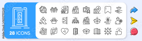 Brush, Get box and Lighthouse line icons. Interest rate, AI generate, Inflation icons. Pack of Petrol station, Packing boxes, Open door icon. Certificate, Door, Engineer pictogram. Vector