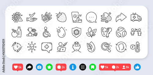Fahrenheit thermometer, Sunscreen and Face biometrics line icons pack. Social media: share, comment, like icons. Face id, Healthy food, Vaccination schedule web icon. Vector