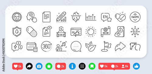 Seo marketing, Blood donation and Music line icons pack. Social media: share, comment, like icons. Organic product, Capsule pill, Growth chart web icon. Vector