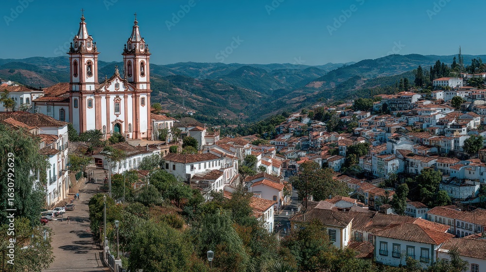 Obraz premium Panoramic view of a colonial town with a church