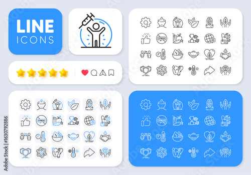 Fahrenheit thermometer, Medical mask and Shields line icons for web app. Message, Share, Like social media icons. Pack of Mental health, Organic product, Coronavirus pictogram icons. Vector