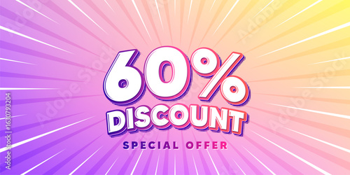 Discount sun rays gradient banner. Light burst background. 60 percent discount tag. Sale offer price sign. Special offer symbol. Gradient sun rays. Sunburst light. Vector