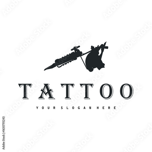 black silhouette illustration logo tattoo machine with vintage old retro minimalist concept template symbol tattoo studio design