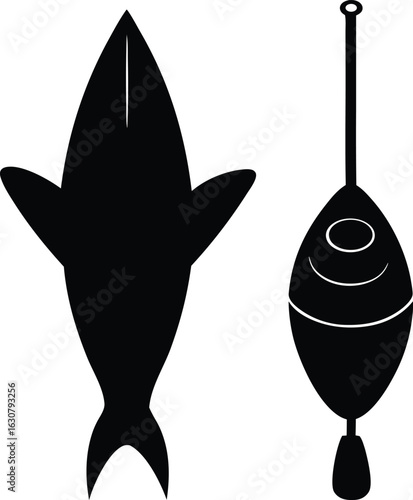 Black silhouette icons of a fish and a fishing bobber float. Angling equipment set.