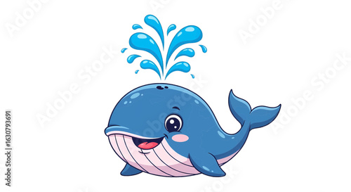 Cute blue cartoon whale character spouting water from its blowhole. Happy smiling sea animal illustration isolated on white background.