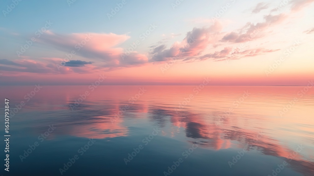 Obraz premium A serene seascape at sunset, showcasing soft pink and blue hues reflected on calm waters under a sky filled with wispy clouds.