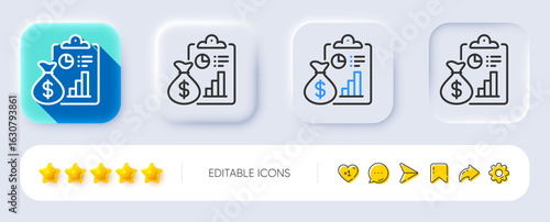 Report line icon. Neumorphic, Flat shadow, 3d buttons. Accounting clipboard document sign. Budget info symbol. Line report icon. Social media icons. Vector
