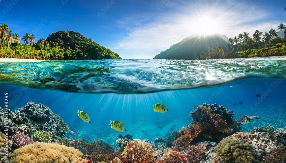 Fototapeta premium tropical coral reef split view sunlight filters through the water fish swim amongst vibrant coral lush green islands in the background