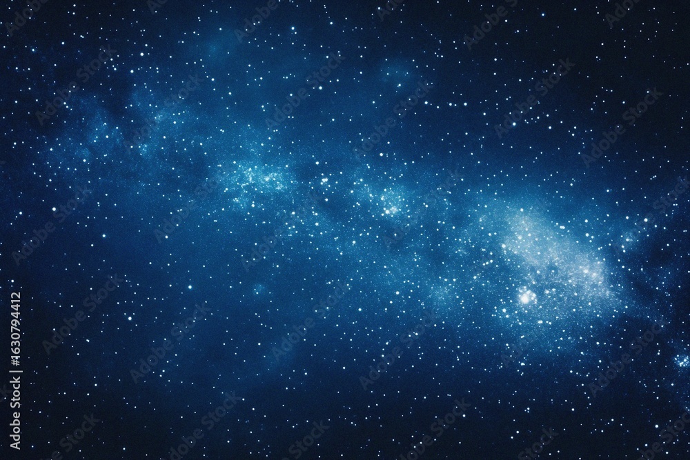Naklejka premium Starry sky background, blue night sky full of stars, glowing stars in the dark space, starry background, dark night, stars in the distance, starlight, dark background with a blue glow, night sky. 