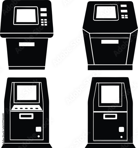 Vector collection of automated teller machine silhouettes. Black ATM icons for banking.