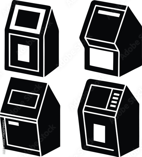 A collection of monochrome vector icons showing ATM and self-service payment kiosk terminals.