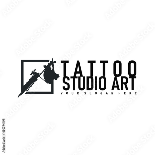 black silhouette illustration logo tattoo machine with vintage old retro minimalist concept template symbol tattoo studio design