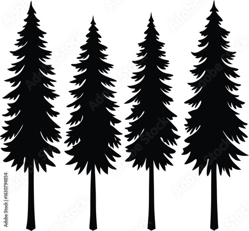 Collection of four evergreen pine tree silhouettes. Simple vector graphic for design.