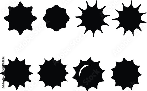 Collection of black starburst and sunburst graphic shapes for design elements and stickers