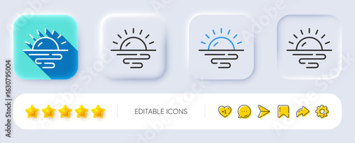 Sunrise line icon. Neumorphic, Flat shadow, 3d buttons. Morning sun sign. Sunny weather symbol. Line sunrise icon. Social media icons. Vector