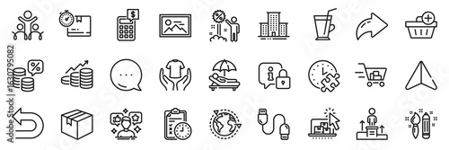 University campus, Photo and Outsourcing line icons pack. Share, Message, Paper plane icons. Puzzle time, Parcel, Social media web icon. Add purchase, Charging cable, Business podium pictogram. Vector