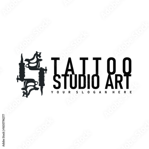 black silhouette illustration logo tattoo machine with vintage old retro minimalist concept template symbol tattoo studio design