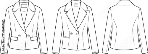 Blazer technical sketch, fashion design drawing, front and back view, notched lapel, flap pocket detail, garment construction, sewing pattern reference