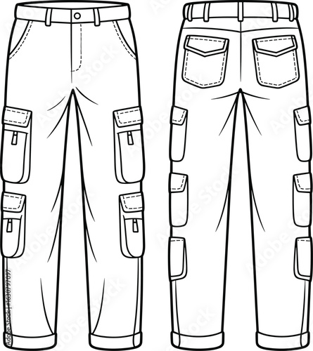 Cargo pants technical drawing, front and back view, multiple pocket design, belt loops, button closure, cuffed hem, stitching detail, garment sketch