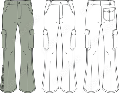 Cargo pants technical drawing, front and back view, side pockets, flap pocket, belt loops, button closure, fashion sketch, garment template