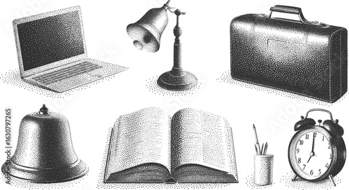 Halftone stipple education elements set. Laptop, briefcase, lamp, books, paints, scissors,bell, alarm clock, book in hand. Grunge punk dotted texture. Retro photocopy vector illustration