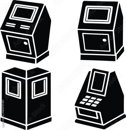 Set of four black silhouette icons representing automated ticket and vending machines or kiosks.