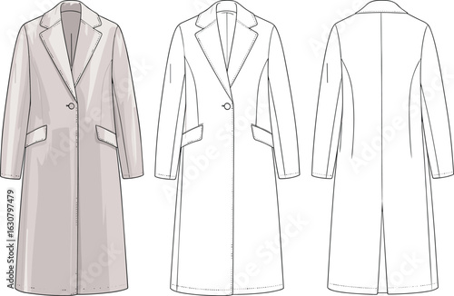 Coat technical drawing, front and back view, lapel collar, single button closure, flap pockets, fashion sketch, garment template, apparel illustration