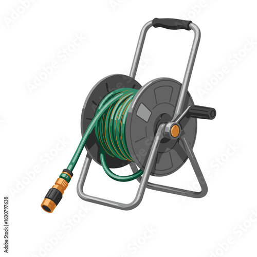 Garden hose reel with green hose on portable stand isolated  