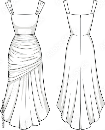 Dress front and back view, ruched skirt, asymmetrical drape, wide straps, fitted bodice, fashion sketch, garment template, apparel illustration