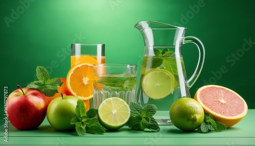 citrus fruits apple mint and water in pitcher and glasses on green background
