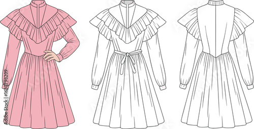 Fashion illustration, dress design sketch, ruffle detail, high collar, long sleeves, flared skirt, front view, back view, belt, cuffs