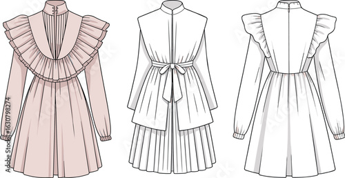 Fashion illustration, dress design, pink dress, high collar, button detail, long sleeves, ruffled bib, flared skirt, gathered waist, belt