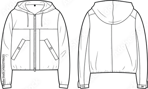 Hooded jacket technical drawing, front back view, zipper closure, flap pockets, drawstring hood, ribbed cuffs, garment design template