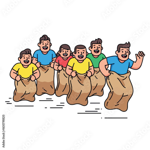 Illustration of a group of people participating in a sack race, smiling and having fun.