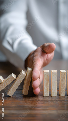 Hand Stopping Falling Dominoes on Wooden Table