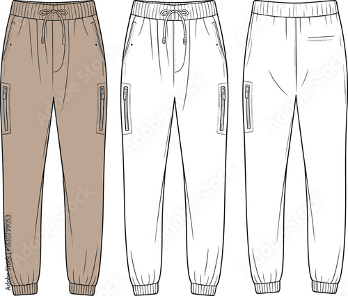 Jogger pants technical drawing, front and back view, elastic waistband, zipper pockets, ribbed cuffs, fashion sketch, garment template, apparel design